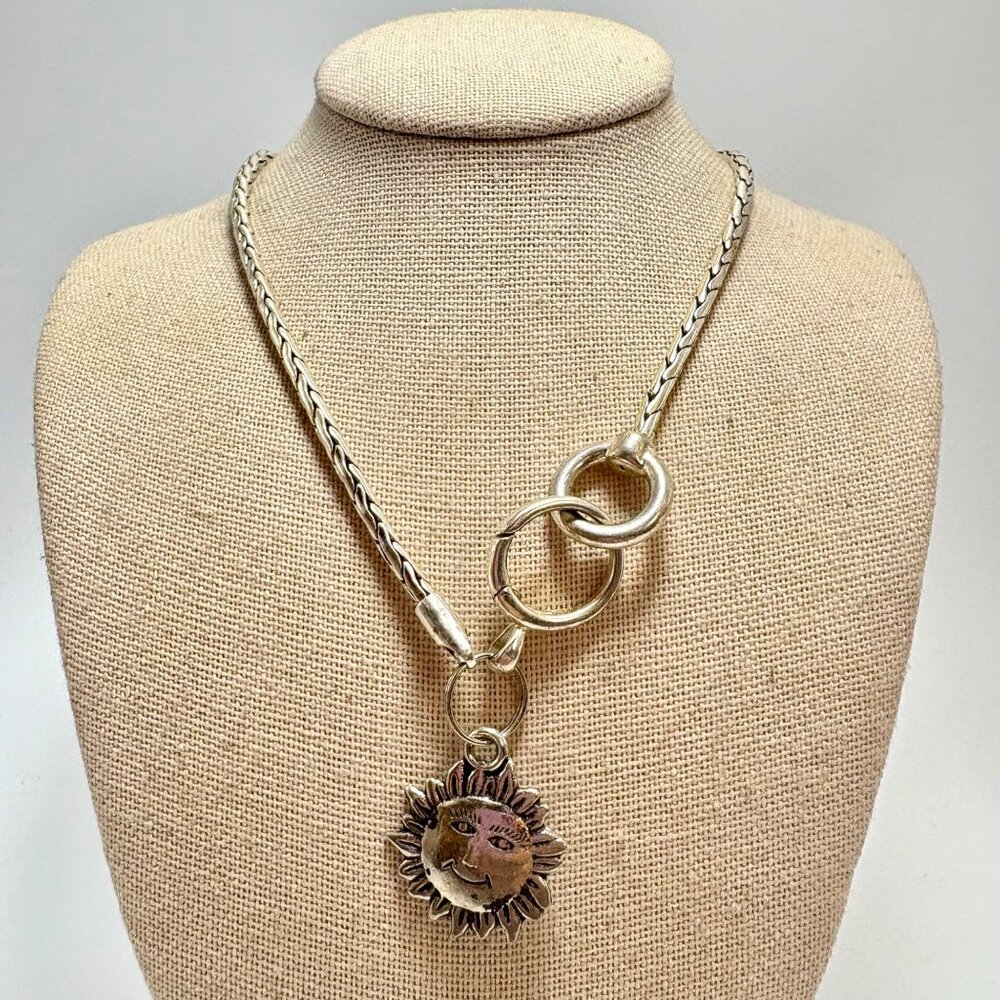 Sun Pendant Round Wheat Link Chain Necklace Silver Plated Size 20" Length